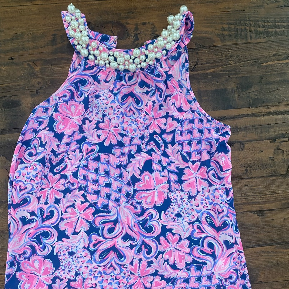 Sz S Lilly Pulitzer halter style top embellished with white faux pearls